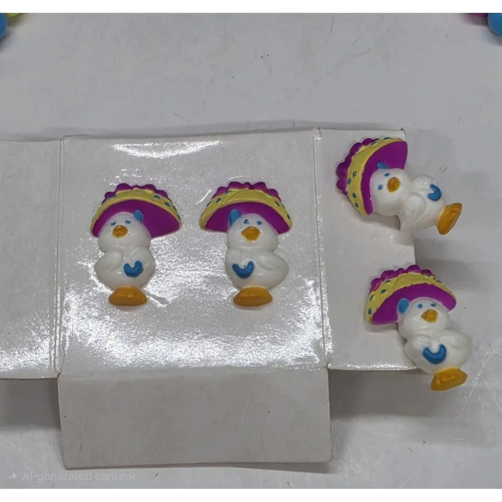 Vintage Avon Kids Rainy Day Ducks Necklace With Pierced And Clip on Earrings